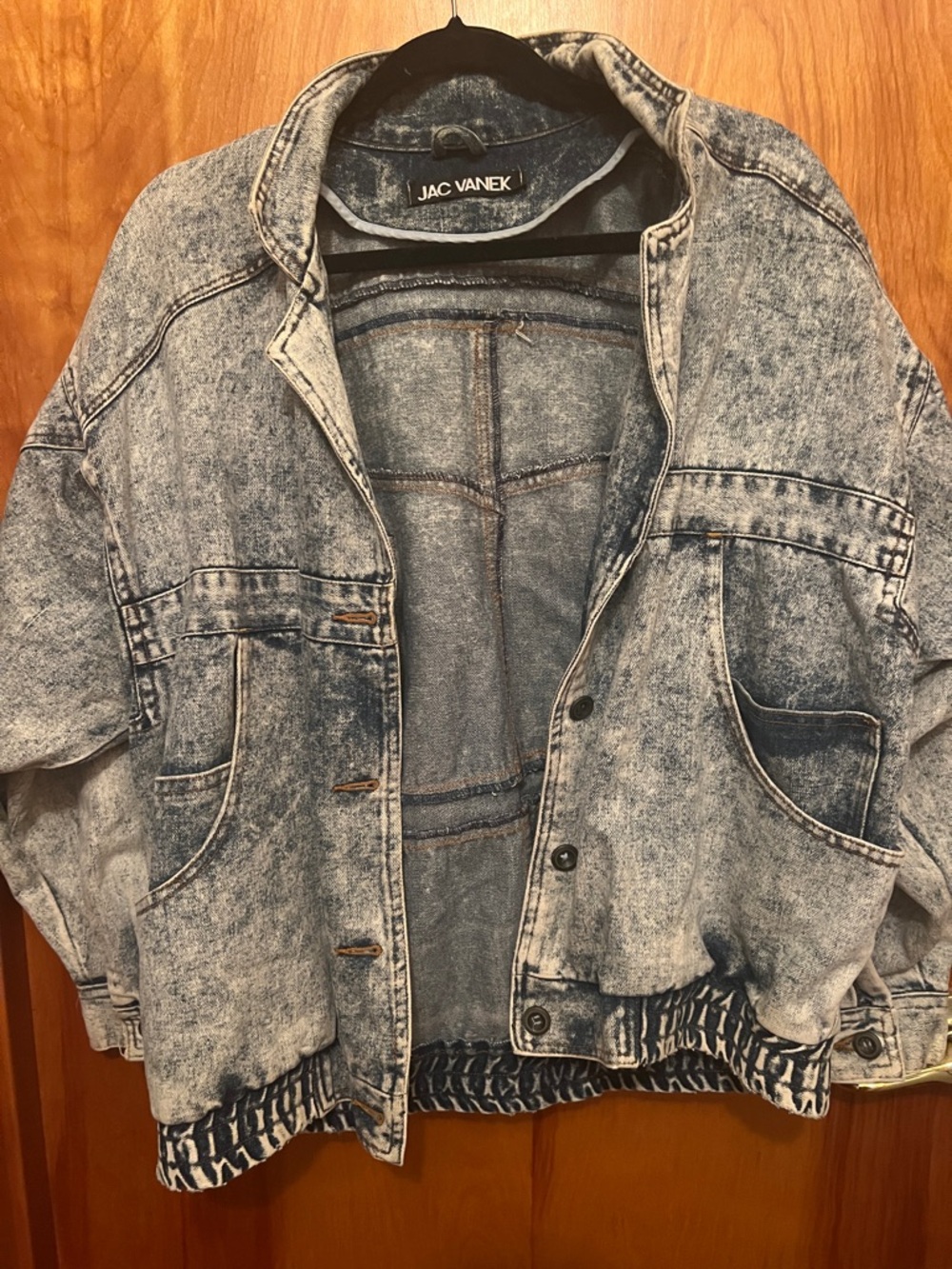 Jac Vanek Acid-Wash Denim Jacket in Blue. Back of jacket Music Is The Answer